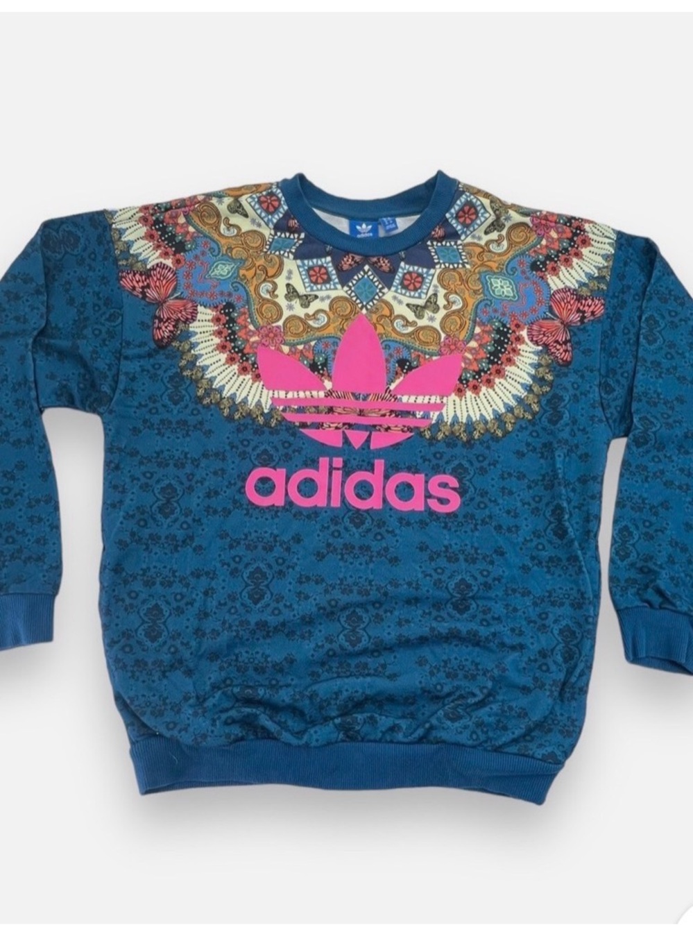 adidas x Farm Rio Blue Crewneck Sweatshirt with Pink Logo & Multicolor Fun Yoke